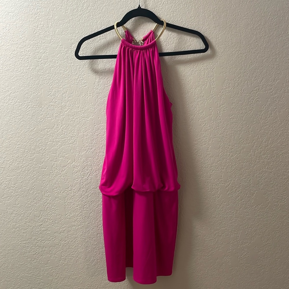 Jessica Simpson Hot Pink Halter Mini Dress with Gold Chain Necklace